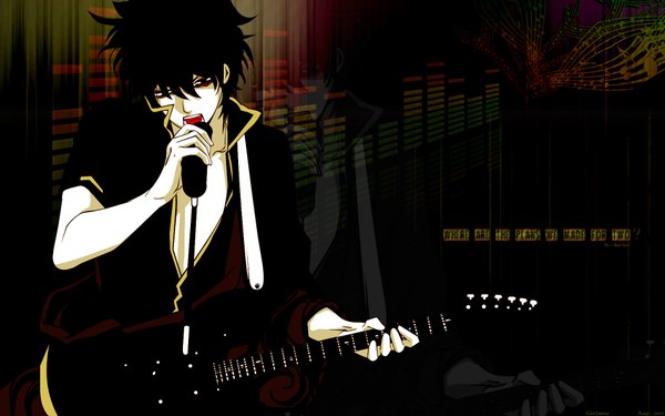 Anime picture 1920x1200 with gintama sunrise (studio) sakata gintoki single highres short hair open mouth wide image black eyes inscription open clothes black background boy microphone guitar microphone stand