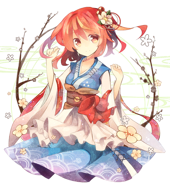 Anime picture 1000x1105 with touhou onozuka komachi fuiyu (feuille0818) single tall image short hair smile red eyes white background red hair two side up girl dress hair ornament detached sleeves