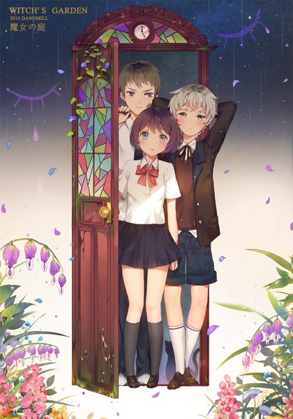 Anime picture 740x1057 with original dangmill tall image looking at viewer blush fringe short hair blue eyes black hair purple eyes yellow eyes looking away purple hair parted lips pleated skirt grey hair night multiple boys :o night sky