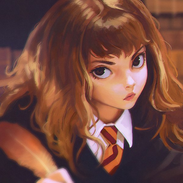 Anime picture 900x900 with harry potter hermione granger ilya kuvshinov single long hair looking at viewer fringe brown hair holding brown eyes lips realistic eyebrows girl uniform school uniform shirt necktie white shirt feather (feathers)