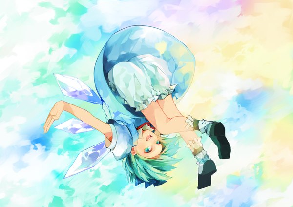 Anime picture 1500x1060 with touhou cirno asuna (i luv) single short hair open mouth sky aqua eyes aqua hair flying upside down girl dress bow hair bow wings ice knickers