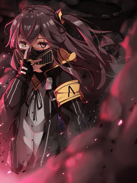 Anime picture 1032x1375 with girls frontline ump45 (girls frontline) po-palm single long hair tall image looking at viewer fringe hair between eyes brown hair brown eyes blurry open jacket depth of field one side up floating hair scar smoke unzipped girl