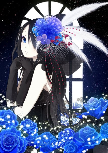 Anime picture 637x900 with original toku single long hair tall image looking at viewer fringe blue eyes black hair upper body hair flower hair over one eye hands clasped white skin girl dress gloves hair ornament flower (flowers) black gloves