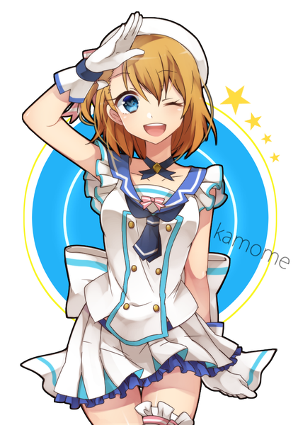 Anime picture 730x1040 with shironeko project kamome narumi wadayaki single tall image looking at viewer short hair open mouth blue eyes brown hair white background one eye closed wink character names symbol-shaped pupils salute girl gloves choker white gloves