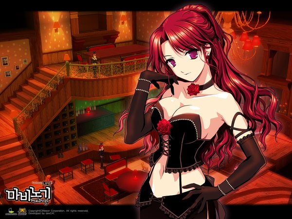 Anime picture 1600x1200 with mabinogi rua single long hair light erotic standing bare shoulders ponytail red hair indoors pink eyes official art midriff wallpaper hand on hip lacing girl gloves choker black gloves