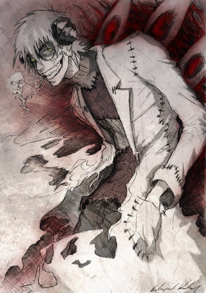 Anime picture 2472x3523 with soul eater studio bones franken stein dragons rock my sox single tall image highres short hair smile yellow eyes white hair mouth hold scar smoke hands in pockets boy glasses skull cigarette labcoat
