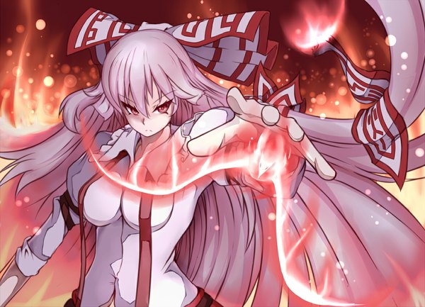 Anime picture 1158x837 with touhou fujiwara no mokou ginko (nico) single long hair red eyes grey hair magic girl bow hair bow fire