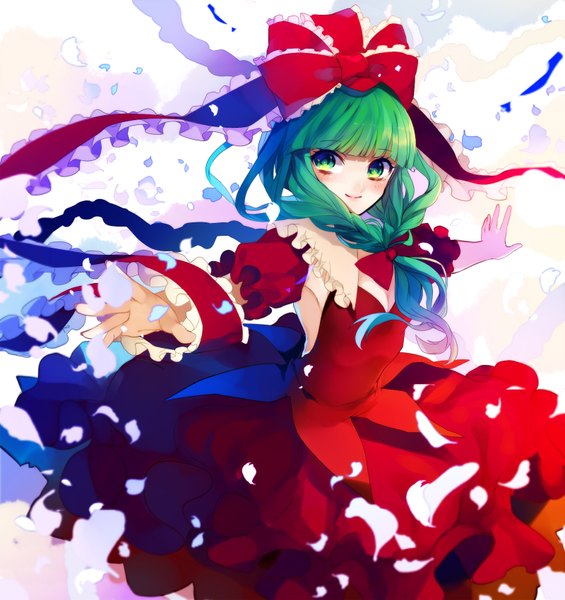 Anime picture 1600x1700 with touhou kagiyama hina renkarua daimaou ruaeru single long hair tall image blush fringe smile green eyes looking away blunt bangs green hair spread arms girl dress skirt bow ribbon (ribbons)