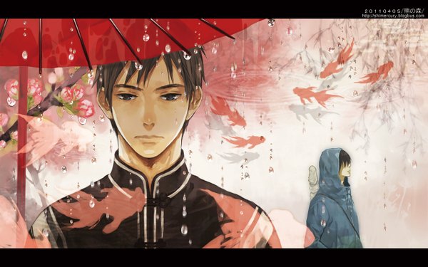 Anime picture 1280x800 with daomu (grave robbery note) aoishi momoko (moku inu) short hair black hair brown hair wide image black eyes chinese clothes rain hair over eyes boy hood water drop fish (fishes) branch