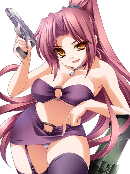 Anime picture 1217x1621 with original moneti (daifuku) long hair tall image breasts open mouth light erotic simple background white background brown eyes ponytail red hair girl thighhighs weapon black thighhighs miniskirt gun
