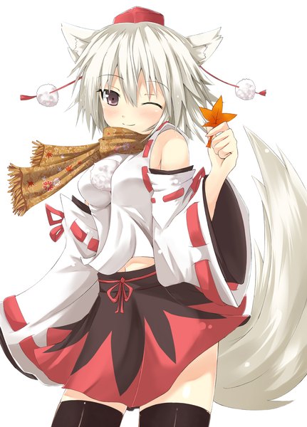 Anime picture 1780x2480 with touhou inubashiri momiji efe single tall image looking at viewer blush highres short hair simple background smile white background bare shoulders animal ears silver hair one eye closed wink wolf ears wolf tail girl