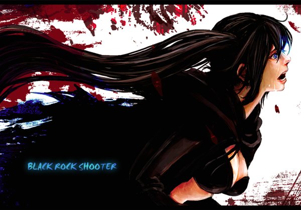 Anime picture 1264x886 with black rock shooter black rock shooter (character) tsuyomaru single long hair blue eyes black hair twintails inscription tears glowing letterboxed glowing eye (eyes) crying girl bikini top