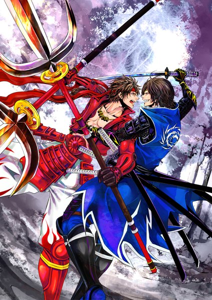 Anime picture 1200x1700 with sengoku basara production i.g date masamune sanada yukimura aratako long hair tall image short hair open mouth red eyes brown hair yellow eyes ponytail profile open clothes grin battle boy gloves weapon