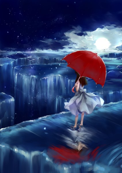 Anime picture 1748x2473 with original quarterly pixiv 6 free feesh single long hair tall image highres brown hair cloud (clouds) night reflection girl dress water star (stars) umbrella