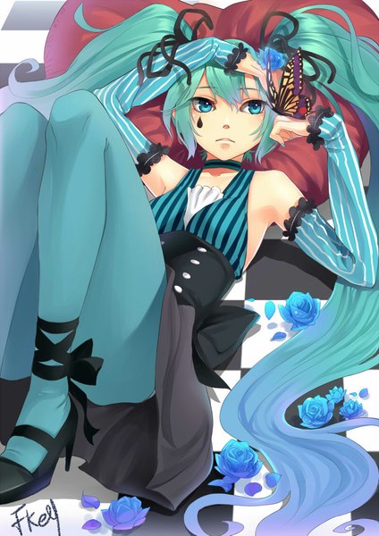 Anime picture 800x1131 with vocaloid hatsune miku fkey single tall image blue eyes twintails bare shoulders lying very long hair nail polish hair flower aqua hair alternate costume facial mark checkered floor knees touching girl dress hair ornament
