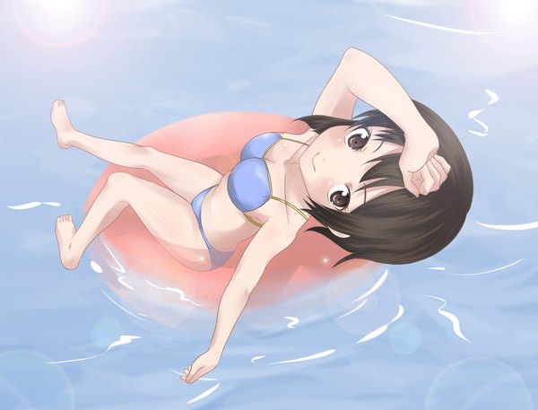 Anime picture 2157x1646 with denpa onna to seishun otoko shaft (studio) maekawa akou (phoenix777) single highres short hair light erotic black hair smile black eyes girl swimsuit bikini water