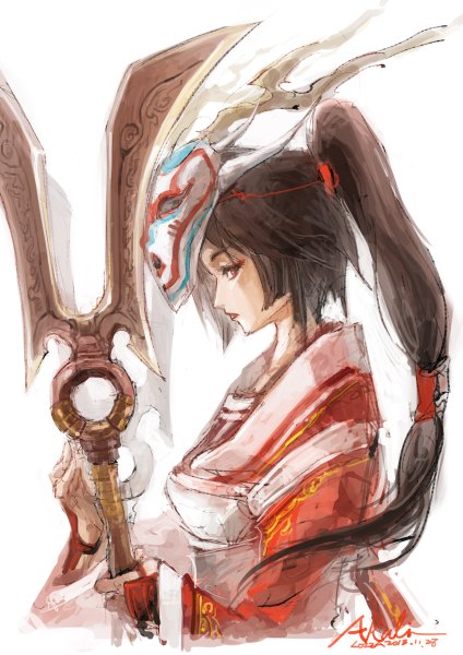 Anime picture 848x1200 with league of legends akali (league of legends) loiza single long hair tall image black hair simple background red eyes white background ponytail traditional clothes japanese clothes profile mask on head girl weapon mask