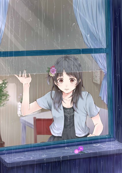 Anime picture 905x1280 with original amemura single long hair tall image blush fringe black hair brown eyes hair flower tears looking down rain scared girl dress hair ornament flower (flowers) window black dress