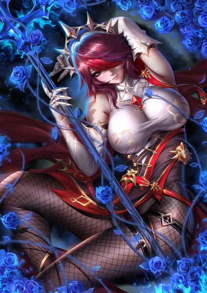 Anime picture 4000x5660 with genshin impact rosaria (genshin impact) liang xing single tall image looking at viewer fringe highres short hair breasts light erotic red eyes large breasts sitting absurdres bent knee (knees) red hair lying multicolored hair arm up