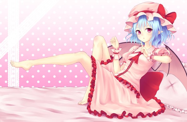 Anime picture 1649x1080 with touhou remilia scarlet junior27016 single looking at viewer short hair red eyes blue hair barefoot legs girl dress skirt bow wings frills bonnet skirt set