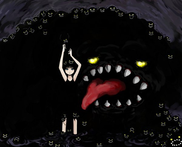 Anime picture 1085x875 with original yami shoujo morina nao looking at viewer short hair open mouth blue eyes black hair standing arms up teeth sharp teeth long tongue girl dress water black dress monster
