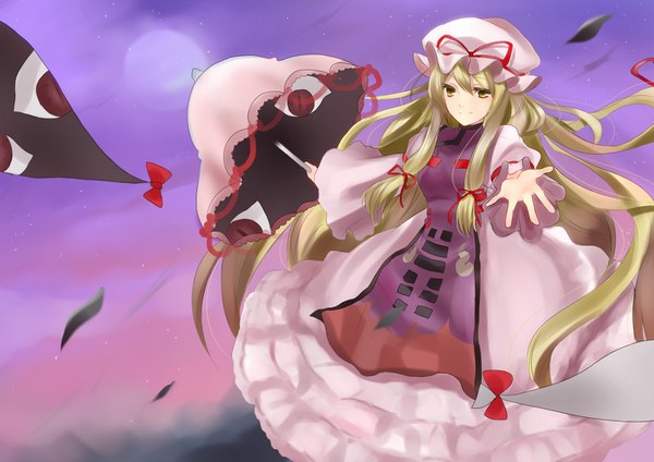 Anime picture 4093x2894 with touhou yakumo yukari hisari riko single long hair highres blonde hair yellow eyes absurdres eyes girl dress umbrella bonnet