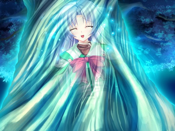 Anime picture 1600x1200 with magus tale whirlpool (studio) alicia infans tenmaso long hair blush open mouth smile game cg purple hair ahoge eyes closed night tears magic transparent girl uniform bow plant (plants)