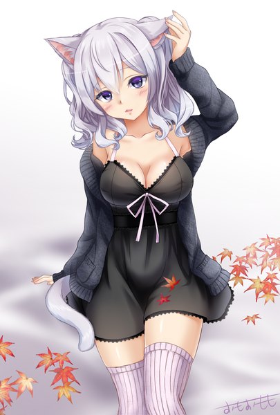 Anime picture 1378x2039 with kantai collection kashima training cruiser omoomomo single tall image looking at viewer blush fringe short hair breasts open mouth blue eyes light erotic hair between eyes large breasts sitting bare shoulders signed animal ears cleavage
