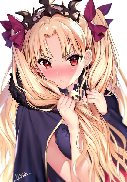 Anime picture 750x1073 with fate (series) fate/grand order toosaka rin ereshkigal (fate) matarou (genkai toppa) single long hair tall image looking at viewer blush fringe simple background blonde hair red eyes white background holding signed upper body blurry two side up