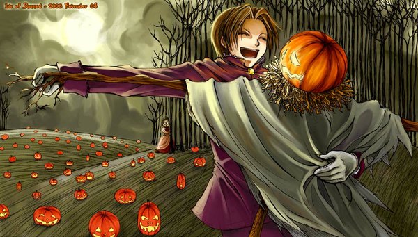 Anime picture 1024x583 with original lan wu short hair open mouth brown hair wide image cloud (clouds) hug holding hands halloween field dancing scared girl boy gloves plant (plants) tree (trees) jacket white gloves
