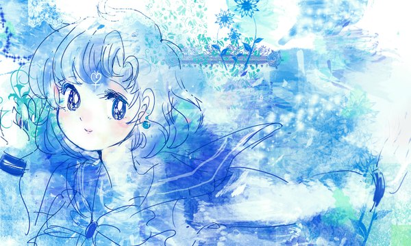 Anime picture 1323x794 with bishoujo senshi sailor moon toei animation mizuno ami sailor mercury single short hair blue eyes simple background wide image blue hair looking away light smile blue background girl uniform bow school uniform