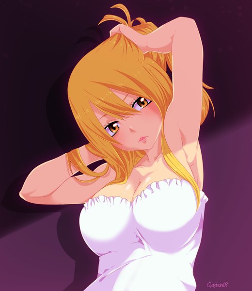 Anime picture 2000x2307 with fairy tail lucy heartfilia tongasart single long hair tall image highres breasts open mouth blonde hair large breasts bare shoulders yellow eyes armpit (armpits) coloring adjusting hair purple background girl dress white dress
