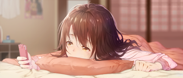 Anime picture 1856x800 with idolmaster idolmaster cinderella girls shimamura uzuki hoshi o mite single long hair fringe highres hair between eyes brown hair wide image holding brown eyes looking away indoors lying blurry on stomach covered mouth sleepy