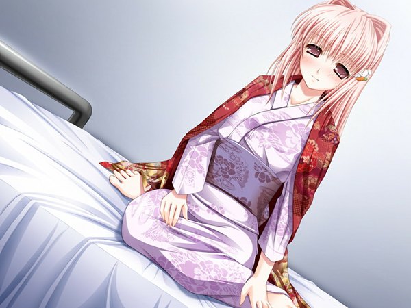 Anime picture 1024x768 with chaste chase! morooto nonoko long hair red eyes pink hair game cg japanese clothes girl kimono bed