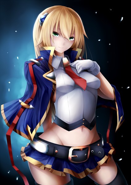 Anime picture 1200x1694 with blazblue noel vermillion snm (sunimi) single long hair tall image looking at viewer blue eyes light erotic blonde hair midriff girl thighhighs skirt gloves navel hair ornament black thighhighs miniskirt necktie