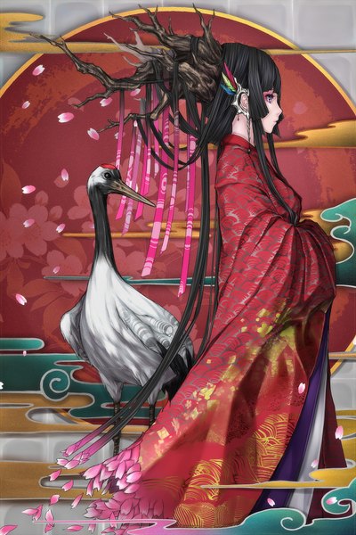 Anime picture 1200x1800 with original nizuma single long hair tall image black hair purple eyes traditional clothes japanese clothes profile eyeshadow girl ribbon (ribbons) earrings animal petals kimono bird (birds) jewelry feather (feathers)