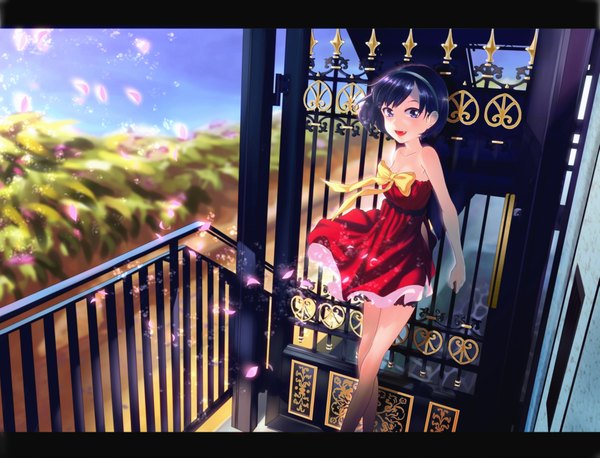 Anime picture 1869x1428 with original syuujin single looking at viewer highres short hair open mouth standing purple eyes bare shoulders purple hair wind legs sleeveless happy glow girl dress bow plant (plants)