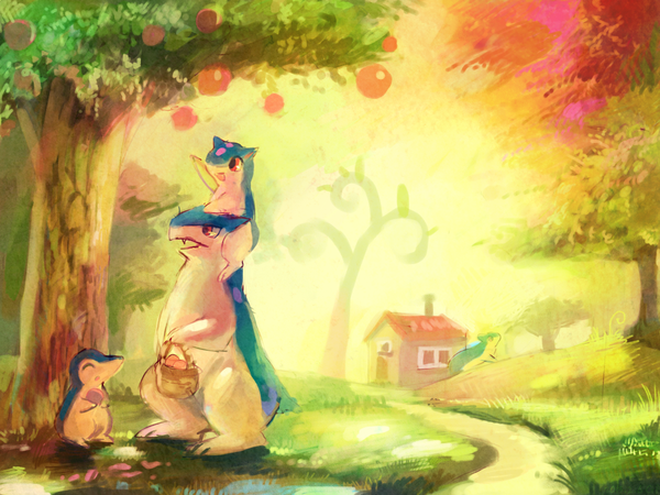 Anime picture 1000x750 with pokemon nintendo cyndaquil typhlosion quilava jinja^e^ru open mouth red eyes no people gen 2 pokemon plant (plants) animal tree (trees) grass fruit house basket