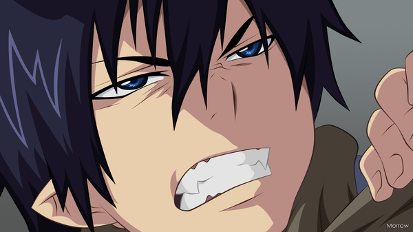 Anime picture 2200x1237 with ao no exorcist a-1 pictures okumura rin morrow single highres short hair blue eyes black hair simple background wide image grey background teeth fang (fangs) portrait face vector angry clenched teeth boy