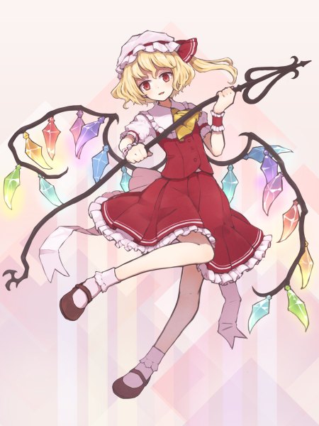 Anime picture 900x1200 with touhou flandre scarlet aoyagi neko single tall image looking at viewer blush fringe short hair blonde hair red eyes one side up girl skirt weapon wings bonnet skirt set crystal laevatein (touhou)