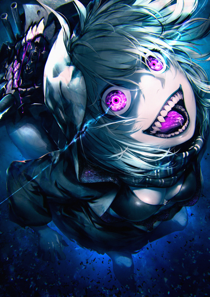 Anime picture 724x1023 with kantai collection re-class battleship kodama (wa-ka-me) single tall image looking at viewer short hair breasts open mouth purple eyes white hair tail teeth glowing face glowing eye (eyes) underwater sharp teeth white skin shinkaisei-kan