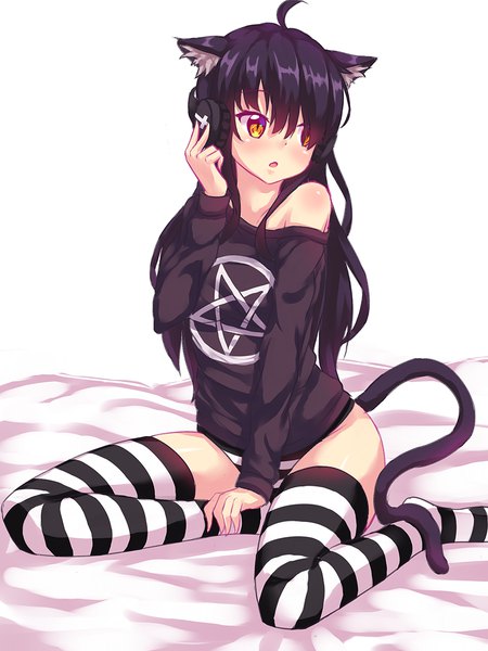Anime picture 900x1200 with original betsy nottytiffy single long hair tall image blush fringe open mouth light erotic black hair simple background hair between eyes white background sitting bare shoulders animal ears yellow eyes looking away full body