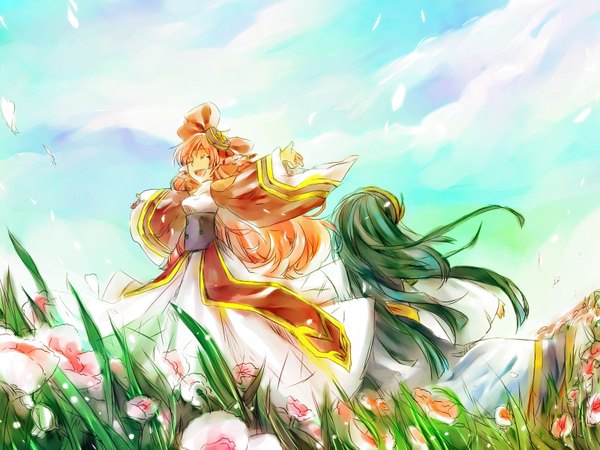 Anime picture 1600x1200 with ar tonelico ar tonelico ii gust (company) nenesha (ar tonelico) infel (ar tonelico) yumemitsuki long hair fringe open mouth smile multiple girls sky cloud (clouds) braid (braids) eyes closed very long hair traditional clothes green hair orange hair wide sleeves