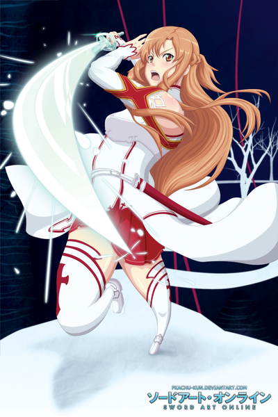 Anime picture 1000x1500 with sword art online a-1 pictures yuuki asuna pkachu-kun single long hair tall image blush open mouth pleated skirt orange hair inscription orange eyes coloring hieroglyph angry screaming bad proportions girl thighhighs