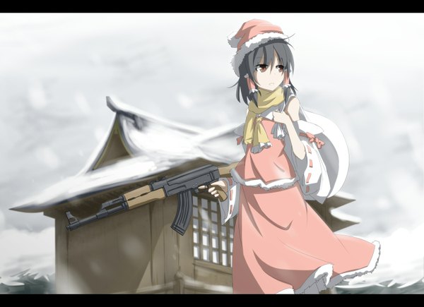 Anime picture 1500x1088 with touhou hakurei reimu single long hair black hair brown eyes fur trim snowing christmas letterboxed winter snow girl dress skirt hair ornament weapon hat detached sleeves scarf
