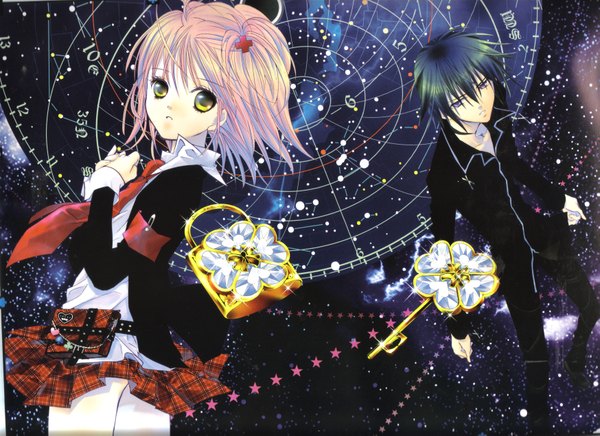 Anime picture 3493x2541 with shugo chara! hinamori amu tsukiyomi ikuto highres short hair black hair purple eyes yellow eyes pink hair absurdres scan space constellation girl boy skirt uniform hair ornament school uniform necktie