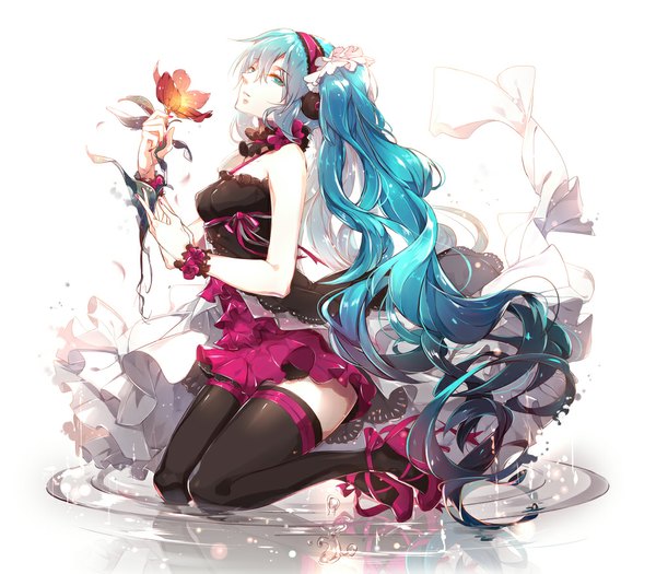 Anime picture 1000x875 with project diva vocaloid hatsune miku phino (jinko0094) single twintails bare shoulders very long hair aqua eyes aqua hair girl thighhighs dress flower (flowers) black thighhighs headphones