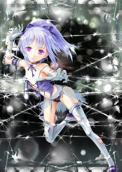 Anime picture 1074x1517 with daughters of mnemosyne mimi (mnemosyne) phase single tall image light erotic purple eyes purple hair torn clothes flat chest girl thighhighs gloves underwear panties white thighhighs elbow gloves barbed wire
