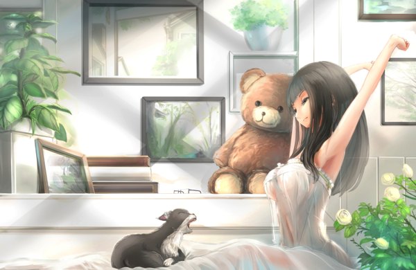 Anime picture 3304x2151 with original kikivi single long hair highres black hair absurdres black eyes girl flower (flowers) animal cat toy stuffed animal teddy bear picture