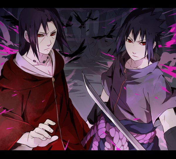 Anime picture 1024x929 with naruto studio pierrot naruto (series) uchiha sasuke uchiha itachi s86070070 fringe short hair standing looking away purple hair fingernails multiple boys outstretched arm siblings serious angry akatsuki sharingan brothers